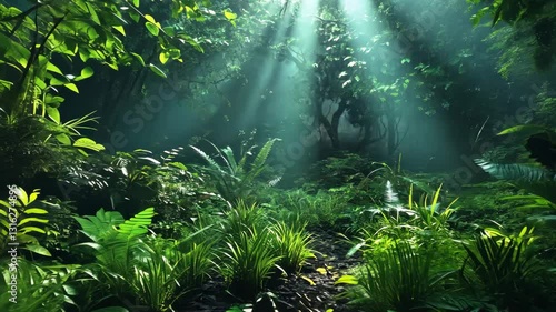 Invasive species dominate lush forest environment under soft morning light, environment where invasive species have taken over, Seamless ing video background