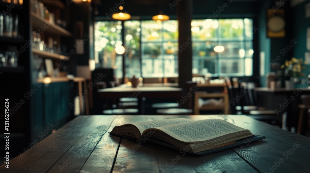 Open Book on Wooden Table in Cozy Cafe with Natural Lighting Open Book on Wooden Table in Cozy Cafe with Natural Lighting