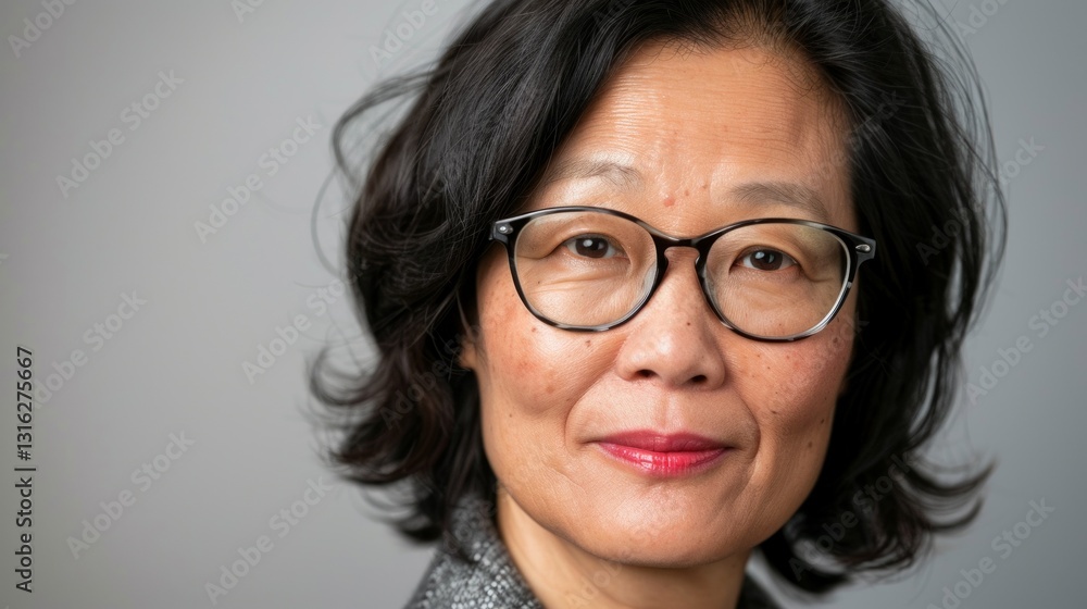 A middle-aged Asian woman wearing glasses and a dark jacket is pictured.