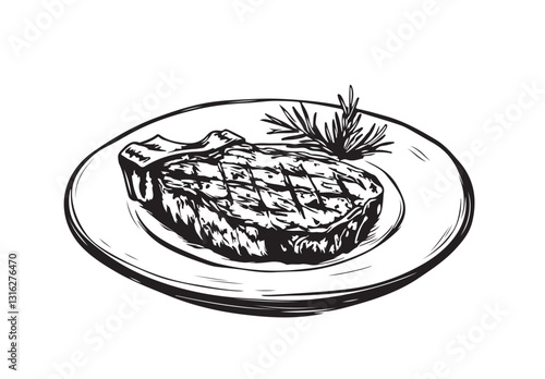 Grilled steak, sketch on white