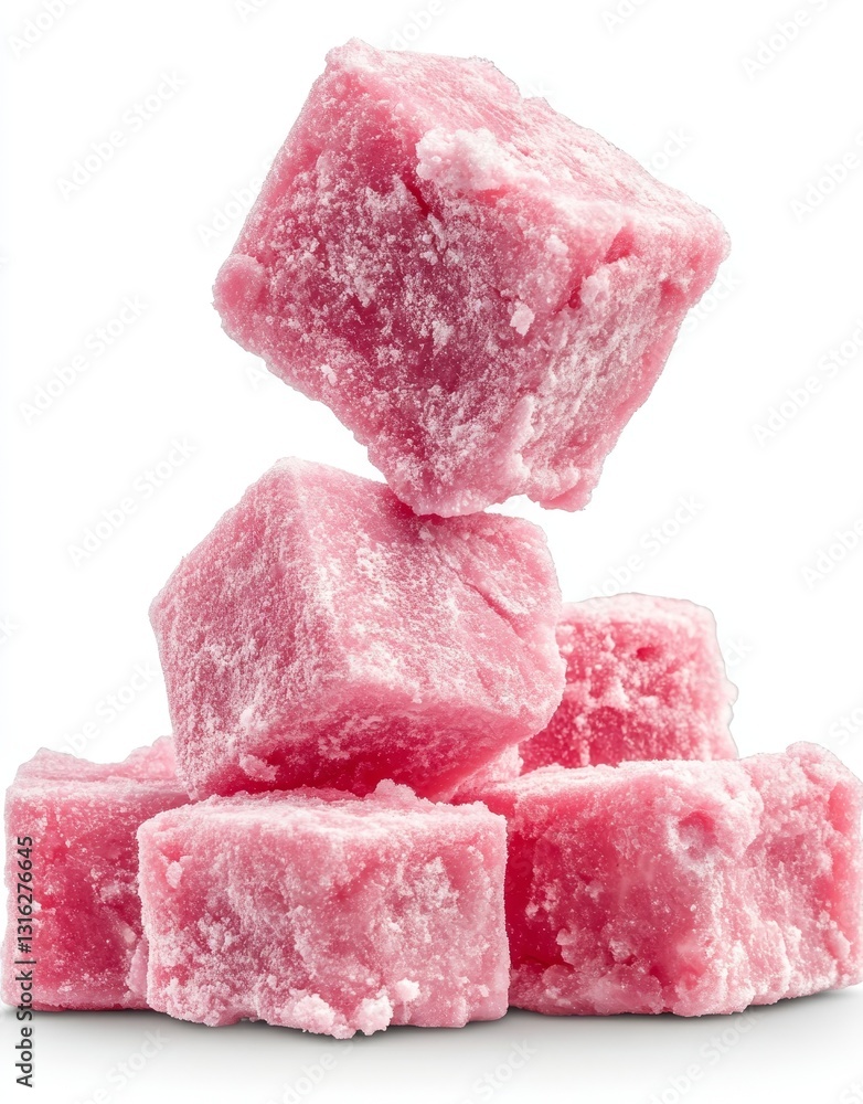 A cascade of ham cubes forms a beautiful arrangement on a translucent surface A cascade of ham cubes forms a beautiful arrangement on a translucent surface