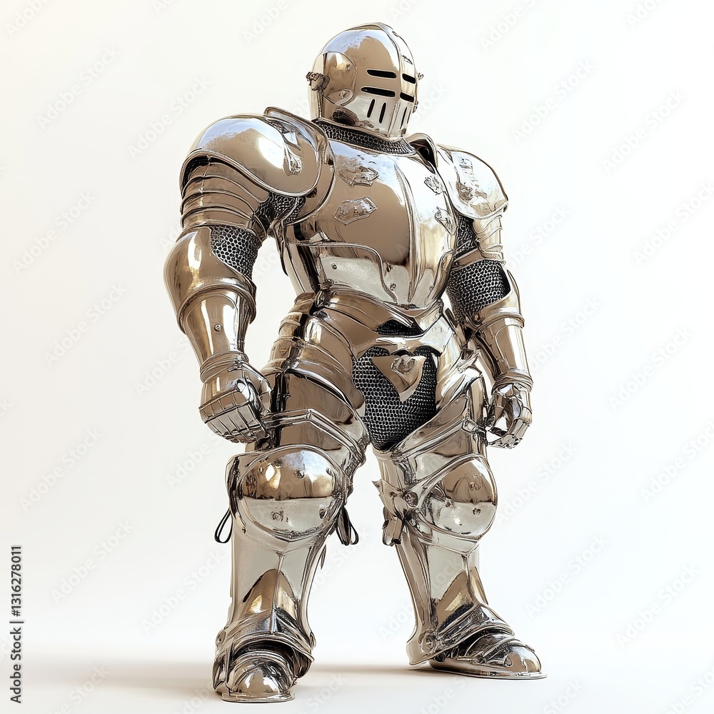 Against a crisp white background, a 3D cartoon knight wearing dazzling armor strikes a powerful pose, symbolizing bravery and the chivalric code Against a crisp white background, a 3D cartoon knight wearing dazzling armor strikes a powerful pose, symbolizing bravery and the chivalric code