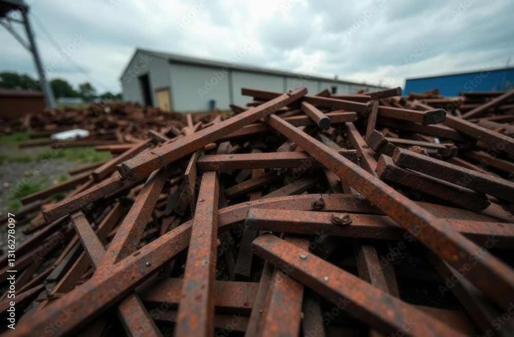 Rusty metal scrap pile in industrial yard under overcast sky for recycling and environmental concept Rusty metal scrap pile in industrial yard under overcast sky for recycling and environmental concept