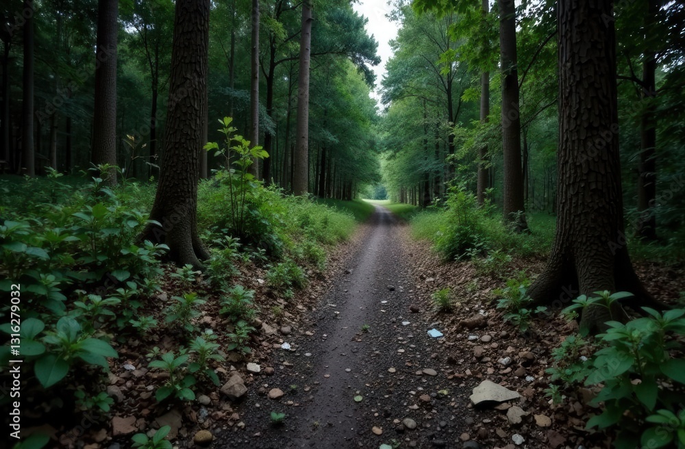 Forest trail with littered pathway highlighting environmental concerns Forest trail with littered pathway highlighting environmental concerns