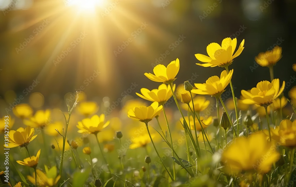 Obraz premium A field of yellow buttercup flowers with the sun shining behind them