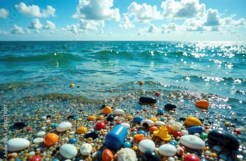 Ocean pollution impact with plastic debris and colorful garbage on beach shore