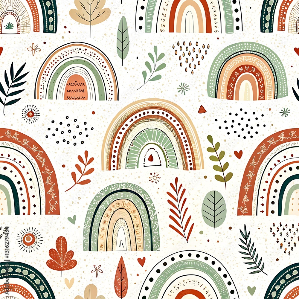 Charming pastel rainbows seamless pattern design with autumn leaves and natural elements art red boho Charming pastel rainbows seamless pattern design with autumn leaves and natural elements art red boho