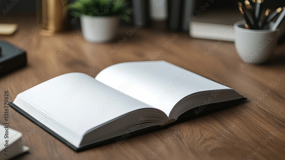 Fototapeta premium Open Blank Notebook on Wooden Desk