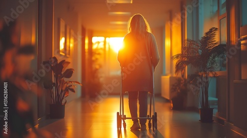 Patient with multiple sclerosis leaning on a walker in a sunlit corridor during sunset at a healthcare facility