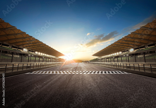 Asphalt racing track finish line, racing sports stadium. 3D Rendering.
