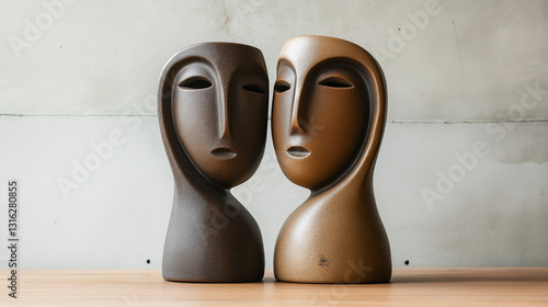 Fotografie Pair of Abstract Face Sculptures