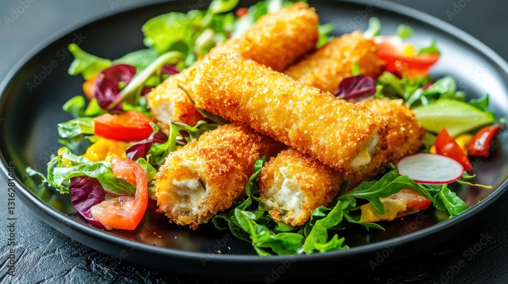 Golden fried cheese sticks served on a sleek plate with colorful salad from a top down shot Golden fried cheese sticks served on a sleek plate with colorful salad from a top down shot