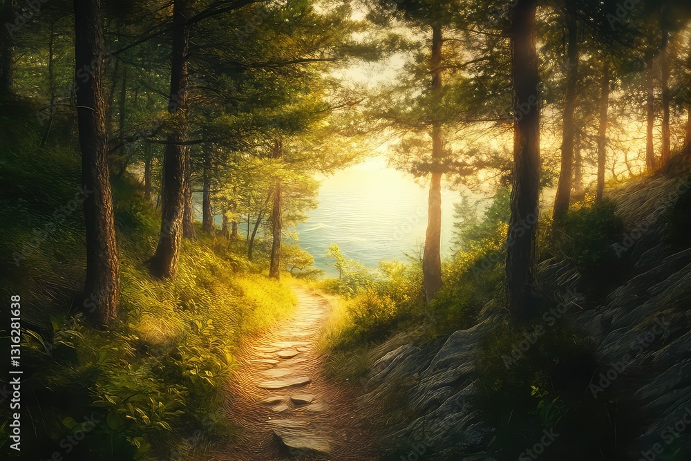 Obraz premium A hidden footpath through a pine forest, leading to a breathtaking scenic overlook.