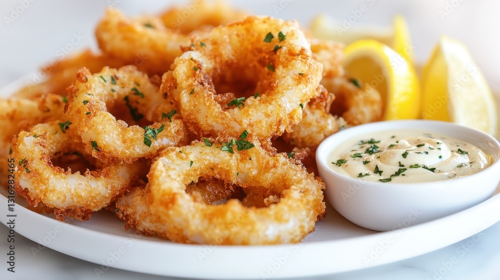 A plate of golden-brown fried calamari rings, their tender flesh punctuated by the vibrant hues of lemon wedges and garlic aioli dipping sauce, rests majestically against a pristine white background, A plate of golden-brown fried calamari rings, their tender flesh punctuated by the vibrant hues of lemon wedges and garlic aioli dipping sauce, rests majestically against a pristine white background,