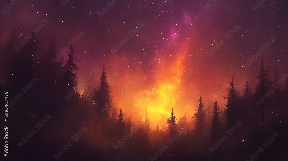 Celestial wildfire landscape view, surreal forest and starry nebula Celestial wildfire landscape view, surreal forest and starry nebula