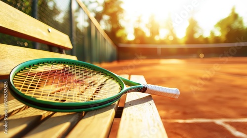 Green tennis racket lying on a wooden bench, beside a clay court with a net and sunlight filtering through trees, strings taut in a competitive sports setting photo