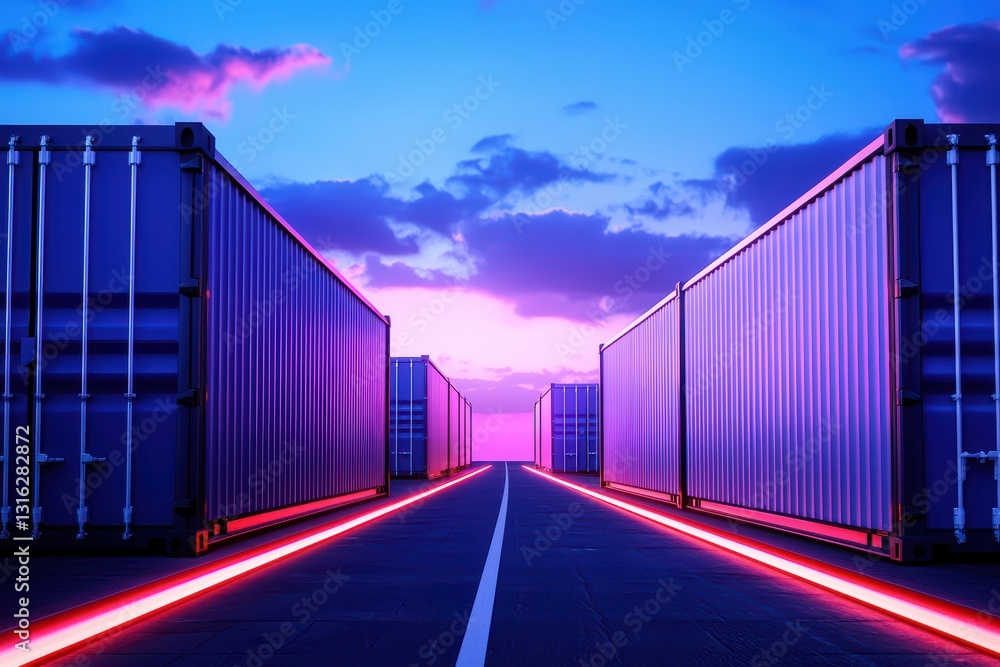 Obraz premium Neon-Lit Cargo Hub with Cyberpunk Style and Pathways Under Vibrant Sunset Sky