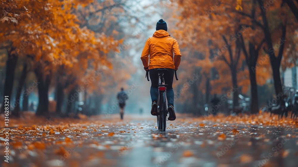 Fototapeta premium Person with depression cycling through a tranquil autumn path lined with fallen leaves and trees