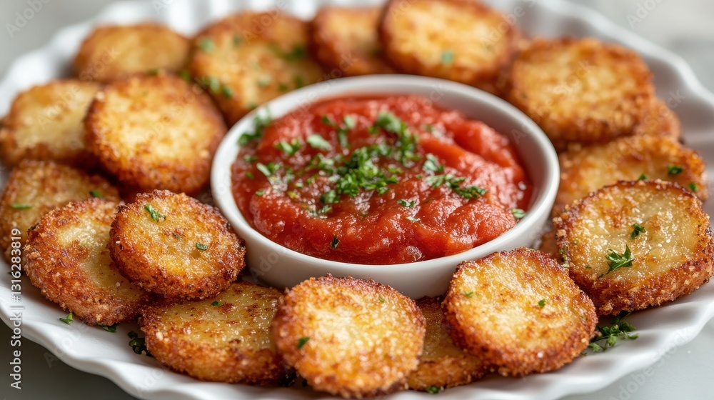 A pristine white scalloped plate, its edges scalloped like a seashell, held a golden symphony of crispy, breaded eggplant slices. Nestled amidst them was a vibrant red marinara sauce, its glossy A pristine white scalloped plate, its edges scalloped like a seashell, held a golden symphony of crispy, breaded eggplant slices. Nestled amidst them was a vibrant red marinara sauce, its glossy