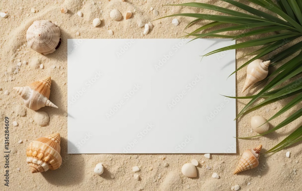 A blank paper card with seashells and a conch shell on a sandy beach with palm tree leaves and sunlight in the background