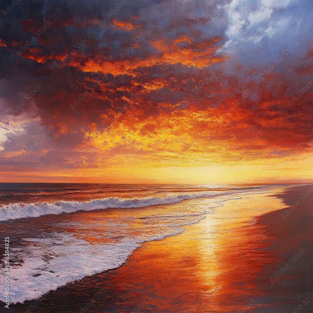 Fototapeta premium A vibrant painting captures a breathtaking sunset over the ocean, with hues of orange, pink, and purple blending in the sky. A lone surfer stands on the sandy beach, gazing at the waves.