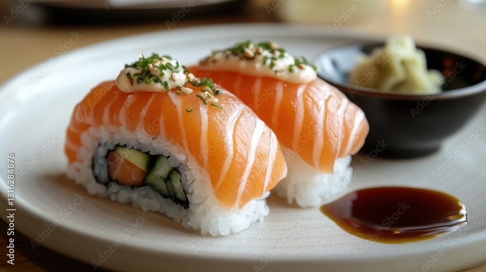 A pristine white plate cradled a masterpiece of sushi: a vibrant salmon fillet, meticulously arranged with delicate rice and adorned with pickled ginger, all nestled alongside a miniature bowl of soy A pristine white plate cradled a masterpiece of sushi: a vibrant salmon fillet, meticulously arranged with delicate rice and adorned with pickled ginger, all nestled alongside a miniature bowl of soy