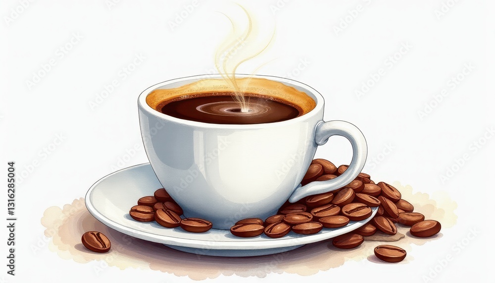 Realistic Illustration: White Cup of Coffee with Beans on a White Background. A cup of coffee with steam rising from it sits on a saucer surrounded by coffee beans. Realistic Illustration: White Cup of Coffee with Beans on a White Background. A cup of coffee with steam rising from it sits on a saucer surrounded by coffee beans.