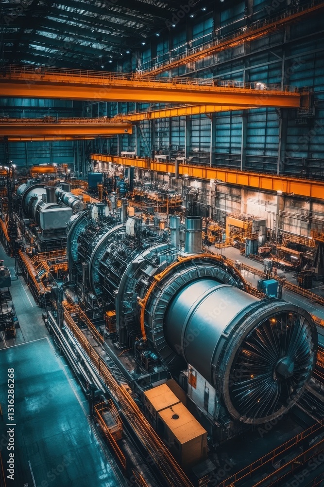 A wide shot of a busy power plant showcasing turbines and energy production in action. A wide shot of a busy power plant showcasing turbines and energy production in action.