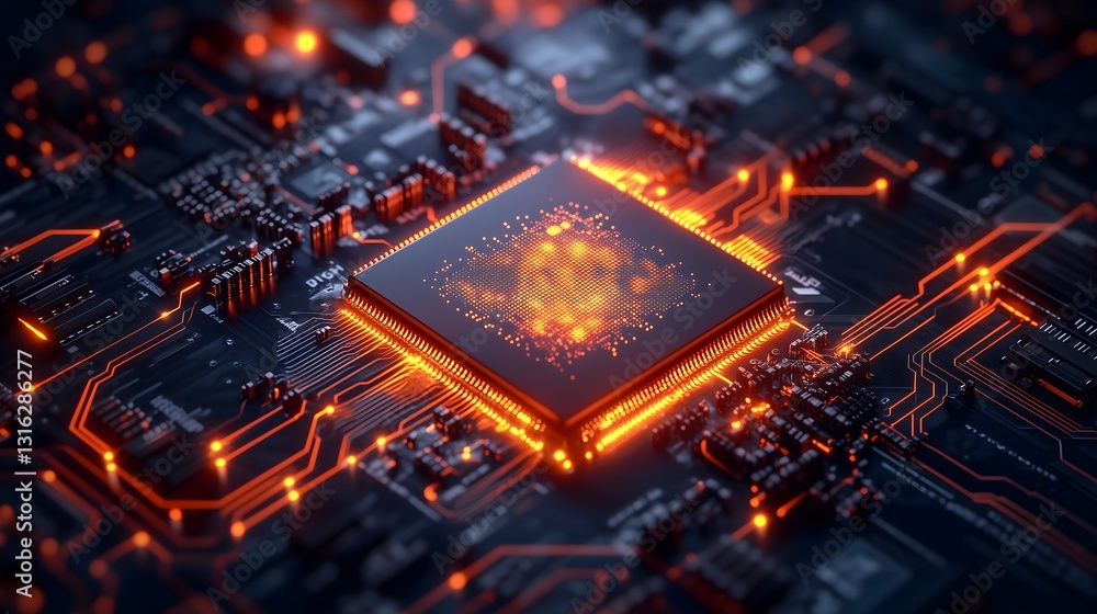 Quantum processor chip showcases intricate circuitry details amid a futuristic electronic backdrop Quantum processor chip showcases intricate circuitry details amid a futuristic electronic backdrop
