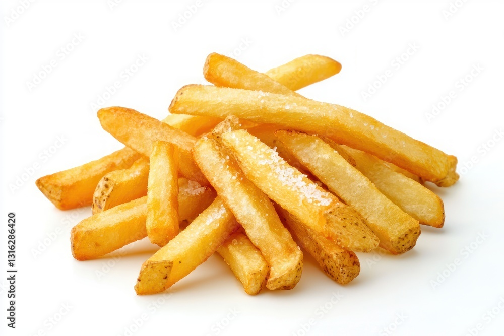 Golden french fries with sparkling salt on a white table simple studio shot tantalizing treat for casual dining Golden french fries with sparkling salt on a white table simple studio shot tantalizing treat for casual dining