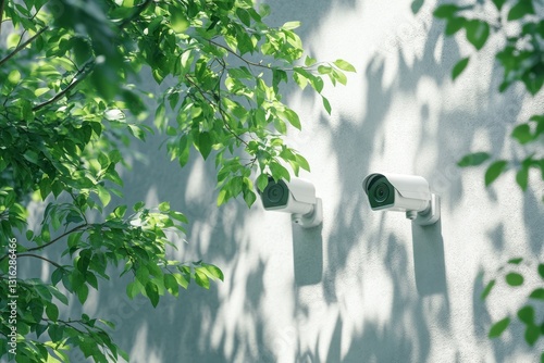 Two white security cameras mounted on a light grey wall, partially obscured by green foliage and dappled sunlight. photo