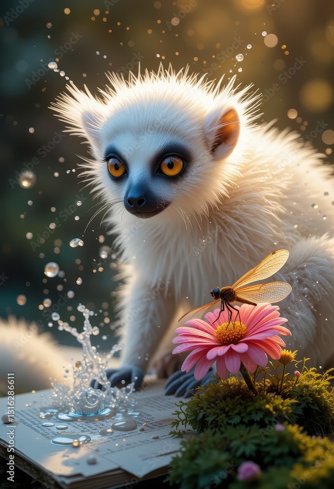Adorable White Lemur with Spiky Fur Near Pink Flower and Dragonfly on Book Adorable White Lemur with Spiky Fur Near Pink Flower and Dragonfly on Book