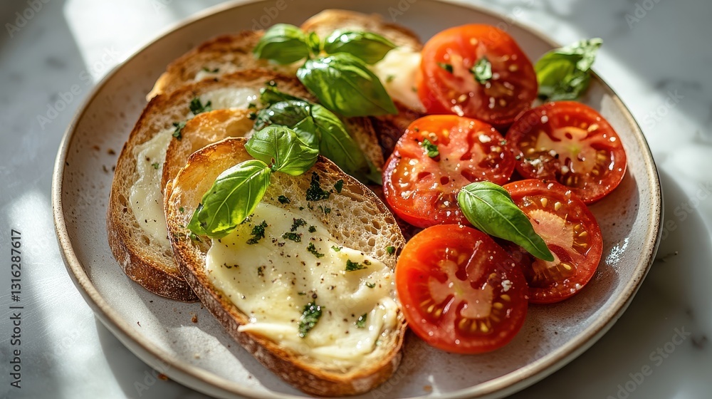 A minimalist studio shot captures a light plate, adorned with basil, crusty bread, juicy tomatoes, and melty cheese. The overhead lighting casts dramatic shadows and accentuates the textures, A minimalist studio shot captures a light plate, adorned with basil, crusty bread, juicy tomatoes, and melty cheese. The overhead lighting casts dramatic shadows and accentuates the textures,