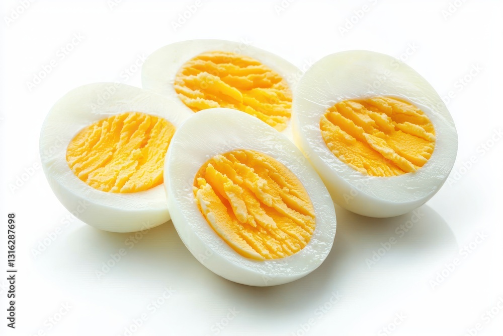 Hard boiled eggs showing yellow yolk halves on pure white table top in vibrant healthy food Hard boiled eggs showing yellow yolk halves on pure white table top in vibrant healthy food
