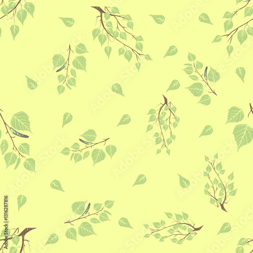 The image is a seamless pattern with branches, leaves, and earrings of trees on a light yellow background. The branches are made in brown tones, and the leaves are in soft green shades