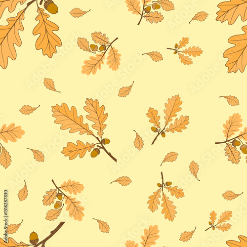 A seamless pattern with oak leaves and acorns in warm autumn shades is ideal for textiles, packaging, wallpaper, postcards and stationery. Its harmonious color scheme creates a cozy atmosphere