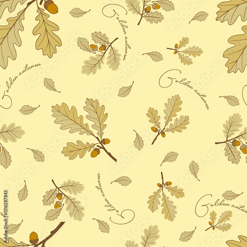 The seamless pattern is made in an autumn theme with the image of oak branches, leaves and acorns on a light yellow background. The colors are designed in warm beige and brown tones. 