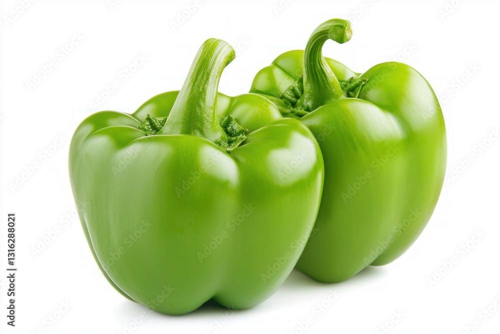 Two fresh green bell peppers on white blackground studio shot showcasing vibrant color and crisp detail promoting healthy food Two fresh green bell peppers on white blackground studio shot showcasing vibrant color and crisp detail promoting healthy food