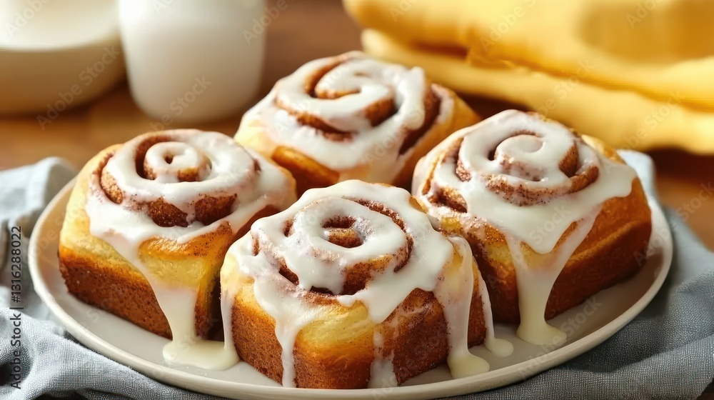 Delicious cinnamon roll treat with icing on a plate a sweet indulgence on a sunny morning concept Delicious cinnamon roll treat with icing on a plate a sweet indulgence on a sunny morning concept