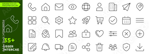 Editable set of interface, home, phone, location, people and essential icons arranged separately on flat vector illustration with transparent background. Perfect pixel size. 64x64