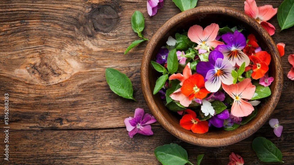 Edible flower arrangement in a wood bowl on rustic table colorful blossom summer flora romantic light Edible flower arrangement in a wood bowl on rustic table colorful blossom summer flora romantic light