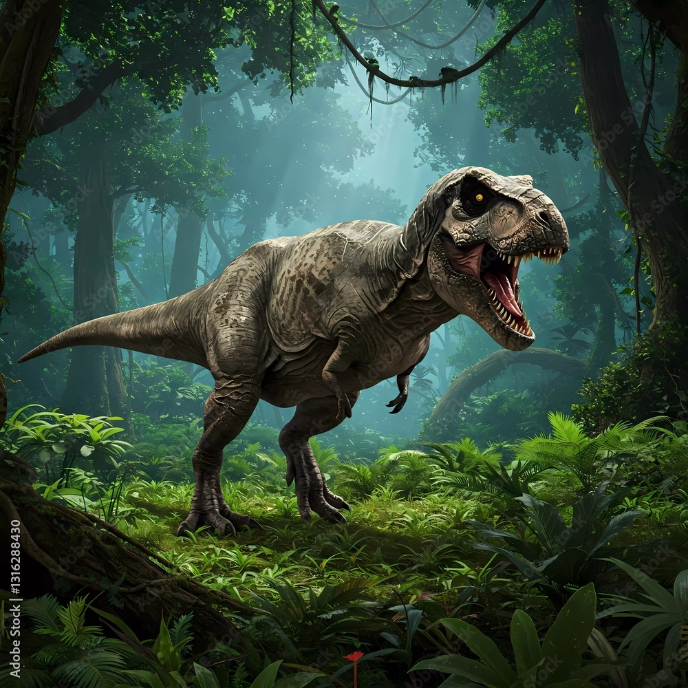 Fototapeta premium Digital image of a T-Rex in a lush forest: intense brown eyes, sharp teeth, dark grey skin, vivid jungle setting. Generative AI