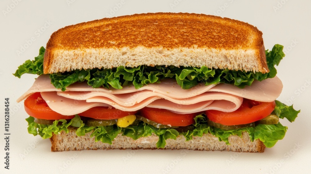 Delicious Grilled Turkey Sandwich with Fresh Lettuce Tomato Pickles and Crisp Toast in Studio Light Delicious Grilled Turkey Sandwich with Fresh Lettuce Tomato Pickles and Crisp Toast in Studio Light