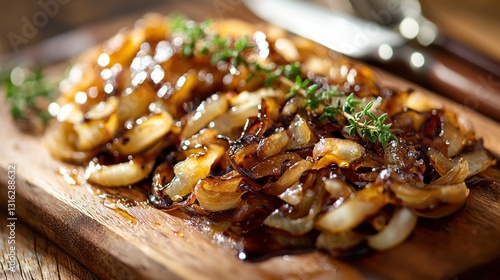 Caramelized onion confit on rustic wooden board with thyme garnish delicious gourmet cooking meal