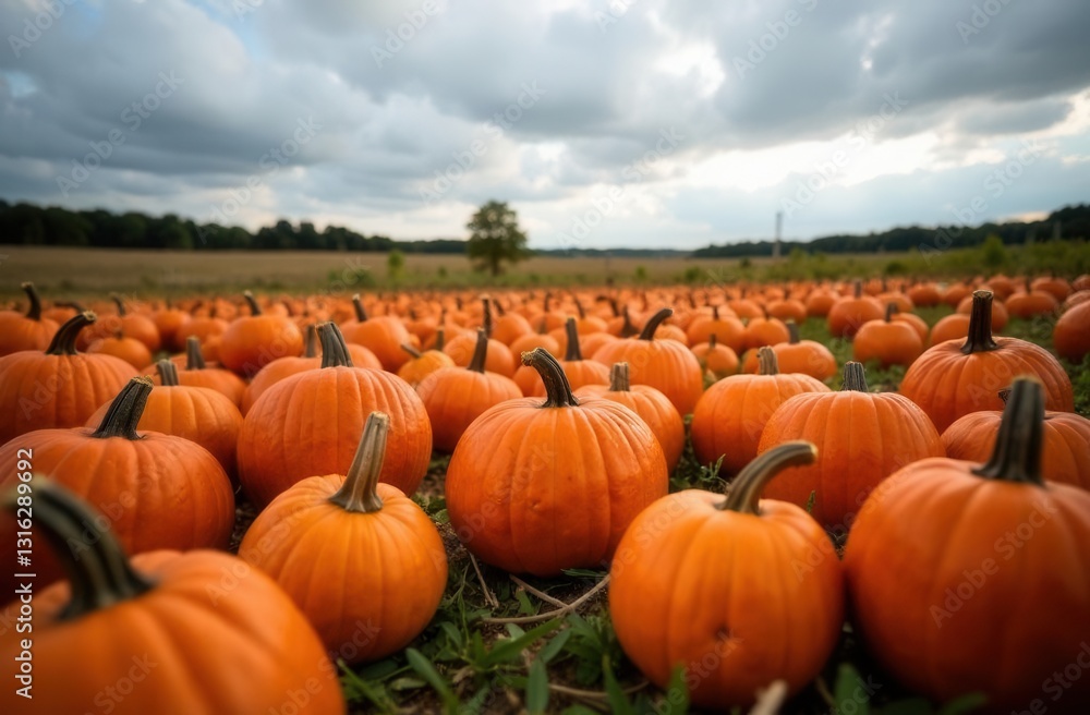 Vast pumpkin field under cloudy sky in autumn landscape Vast pumpkin field under cloudy sky in autumn landscape