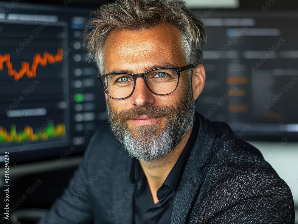 Professional Male Trader with Glasses in Modern Office Setting Professional Male Trader with Glasses in Modern Office Setting