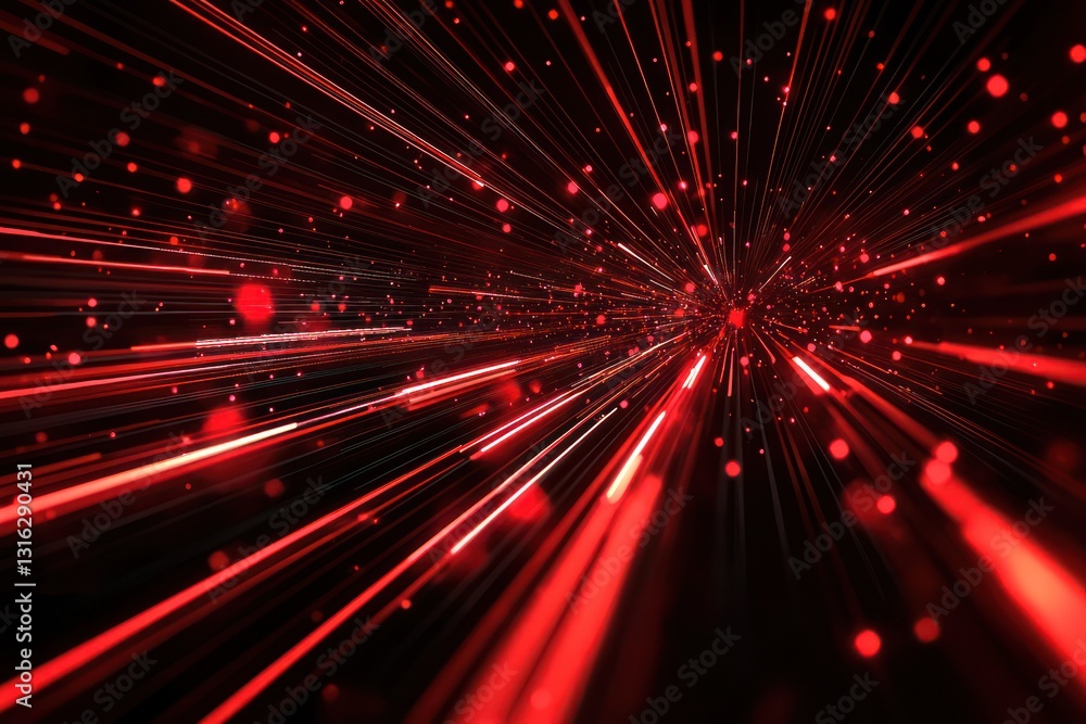Naklejka premium Red light streaks on a dark background, with abstract digital lines in a high-tech aesthetic.