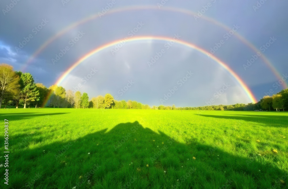 Vibrant double rainbow over green field under moody sky Vibrant double rainbow over green field under moody sky