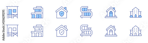 Home icon set in two styles, Duotone and Thin Line style. Editable stroke. beach house, modern house, house, nursing home, protect