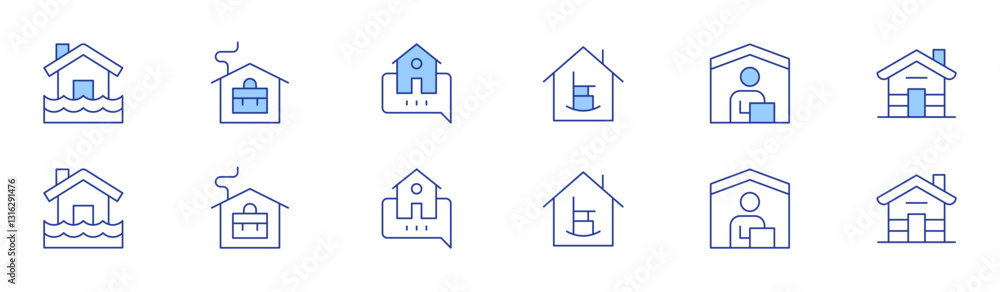 Home icon set in two styles, Duotone and Thin Line style. Editable stroke. flooded house, working at home, home, retirement home, work from home Home icon set in two styles, Duotone and Thin Line style. Editable stroke. flooded house, working at home, home, retirement home, work from home